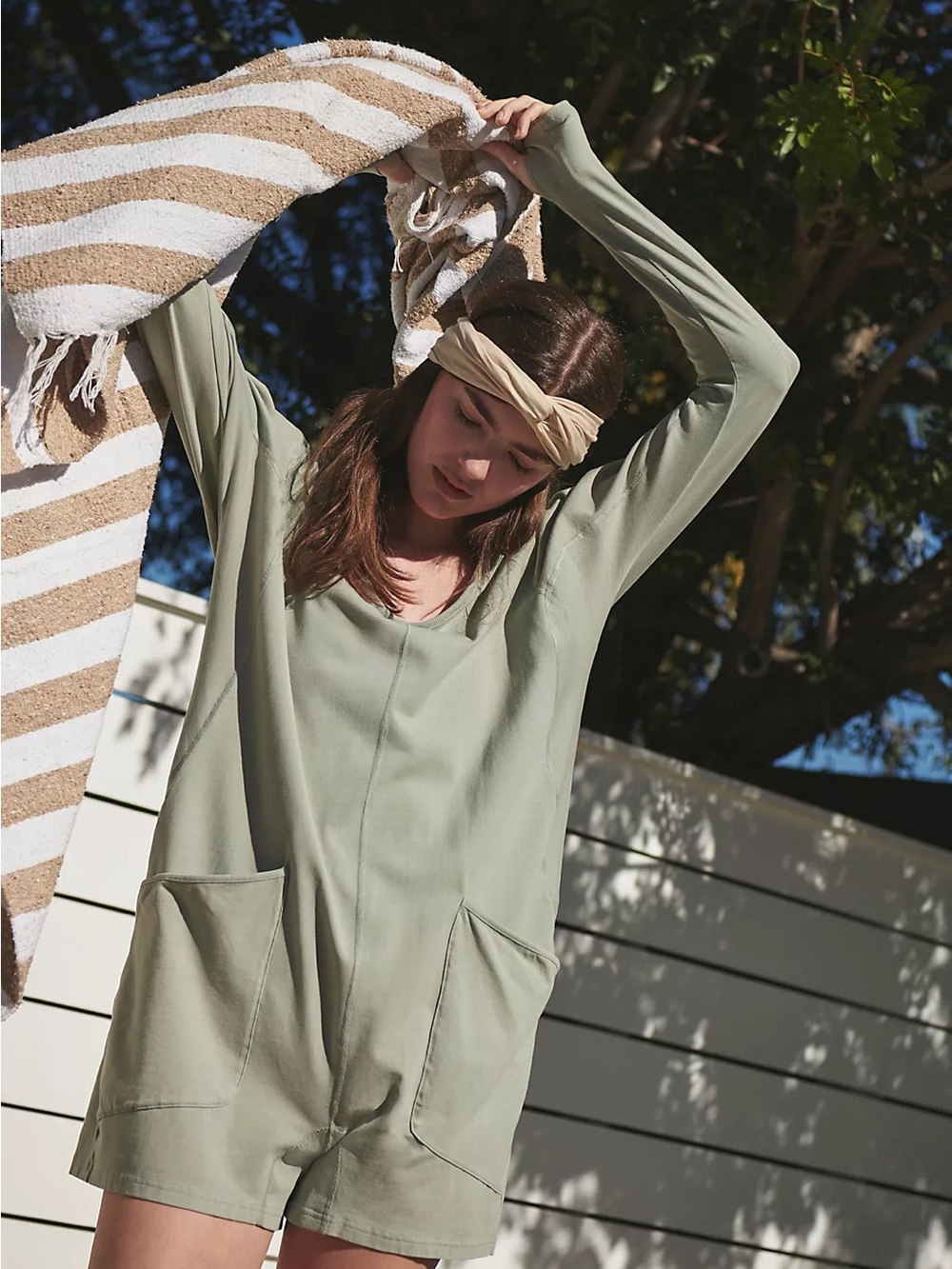 Free People Hot Shot Romper Womens Medium Light Green Sage NWT 66352246 Hooded
